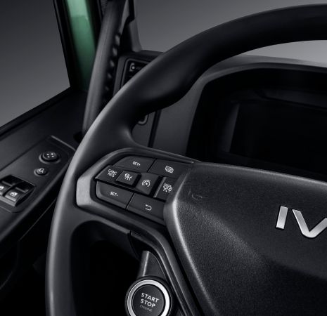 IVECO Eurocargo steering wheel controls up close.